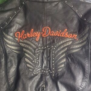 Harley-Davidson Black Leather Jacket with Orange Embroidery